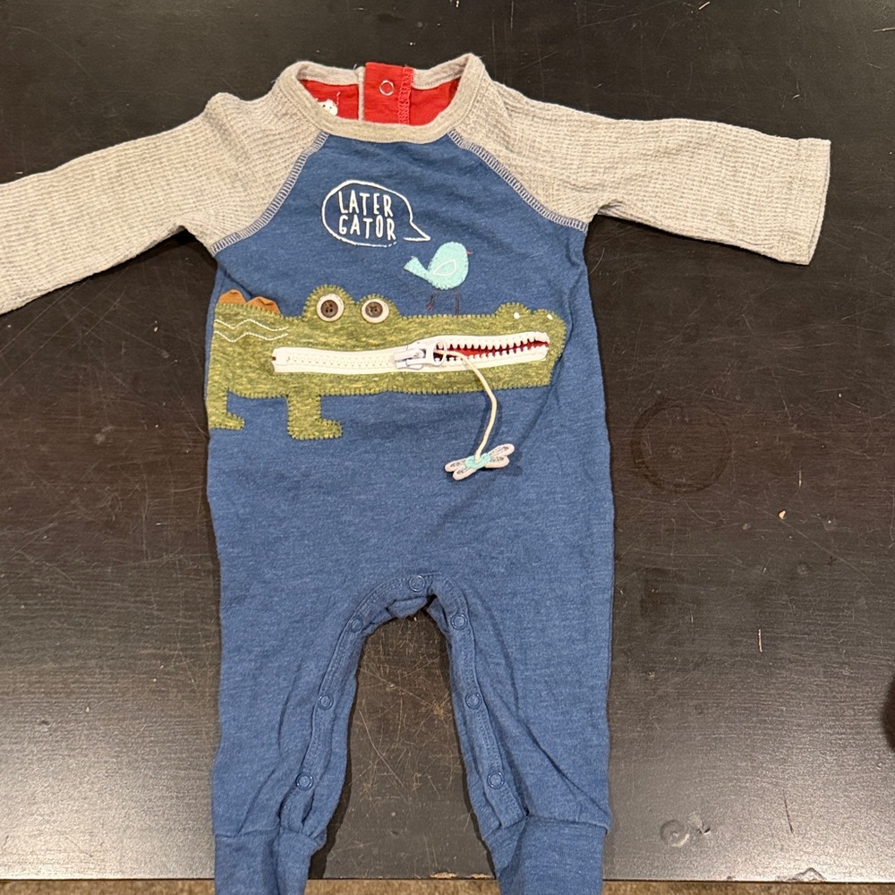 Mudpie 0/6 Blue Crocodile Appliqué One-Piece for Kids zipper functions